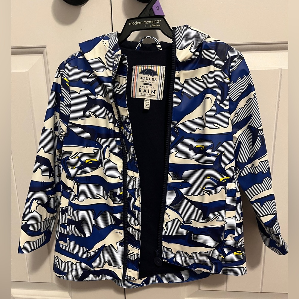 Joules Navy & White Shark Print Raincoat size 3T VGUC